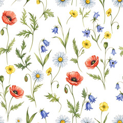 Watercolor floral pattern of hand-painted wildflowers and sprawling leaves tied with a sheer ribbon on a bright white silk background, created for wallpaper and fabric, illuminated with diffused	