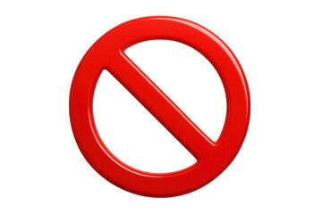 Red glossy prohibition symbol representing stop, no entry, blocking or forbidden access with a transparent background