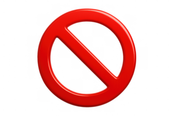 Red glossy prohibition symbol representing stop, no entry, blocking or forbidden access with a transparent background
