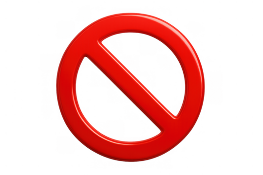 Red glossy prohibition symbol representing stop, no entry, blocking or forbidden access with a transparent background
