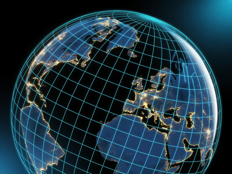 Digital globe with global network overlay and city lights