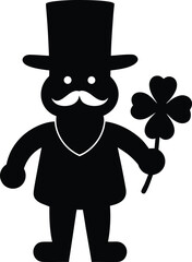 Black silhouette of a leprechaun wearing a top hat and holding a four leaf clover