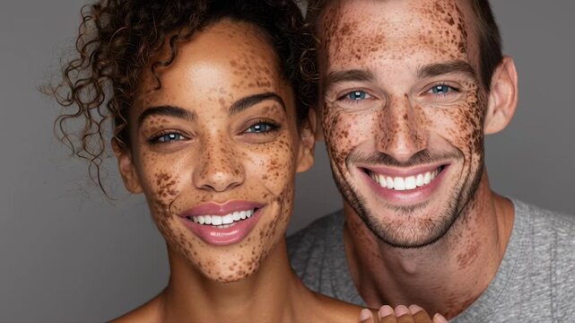 Close-up of smiling man and woman with visible skin pigmentation standing together. Concept of inclusion and self-confidence