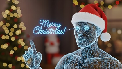 AI Robot in Santa Hat Writing Merry Christmas with Laser Eyes