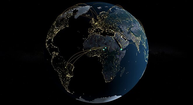 Animated Earth globe showing global connectivity with lighted cities against dark background