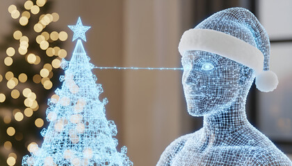 Futuristic AI Robot in Santa Hat with Digital Christmas Tree