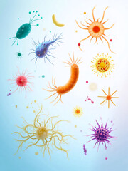 Colorful microscopic bacteria and viruses floating in blue background