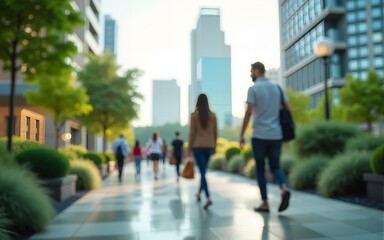 An abstract image of business people walking in a corporate office area located in a green city downtown. The blurred background highlights sustainable urban elements, including eco-friendly buildings