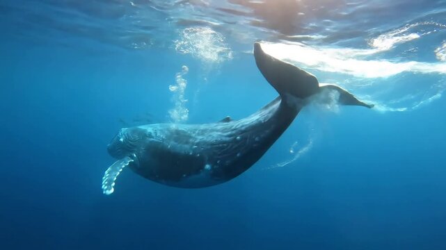 A serene aerial view of a sperm whale diving into the vast, open ocean, highlighting the scale of the animal against the immense natural landscape. Drone shot, high angle, slowly descending as the?
