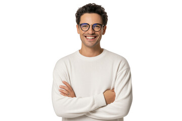 Portrait of a smiling young man with dark hair and glasses, wearing a white sweater, isolated on transparent background
