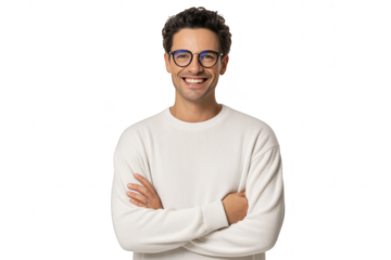 Portrait of a smiling young man with dark hair and glasses, wearing a white sweater, isolated on transparent background