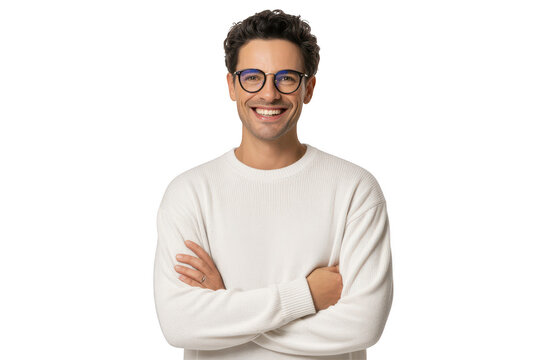 Portrait of a smiling young man with dark hair and glasses, wearing a white sweater, isolated on transparent background