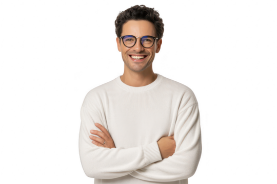 Portrait of a smiling young man with dark hair and glasses, wearing a white sweater, isolated on transparent background - Powered by Adobe