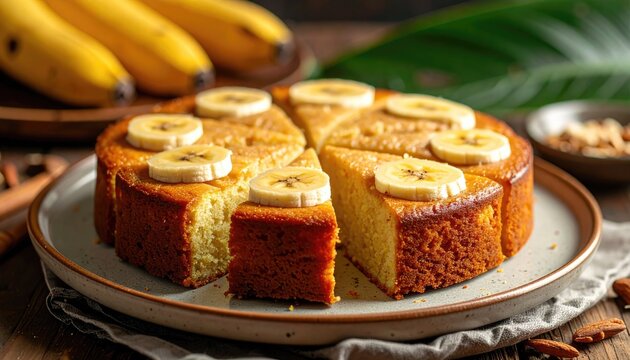 Delicious Banana Cake Topped with Fresh Slices of Banana and Cinnamon Sticks on a Rustic Table with Nuts and Green Leaves in Soft Daylight - Powered by Adobe