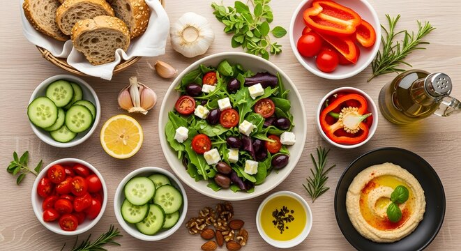 Healthy Mediterranean Diet Flat Lay Fresh Salad Hummus Ingredients Vegetarian Food Olive Oil Herbs Vegetables Colorful Assortment Culinary Arrangement Gourmet Cooking