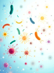 Colorful microscopic bacteria and viruses floating in blue background