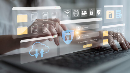 Secure login and file management interface with folder, password, and encryption icons for...