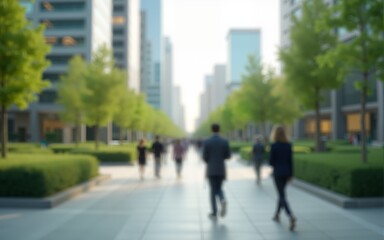 An abstract image of business people walking in a corporate office area located in a green city downtown. The blurred background highlights sustainable urban elements, including eco-friendly buildings