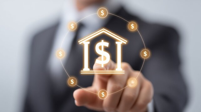 A businessman in a suit interacts with glowing online banking icons, displaying financial symbols in a contemporary office. The scene highlights digital connectivity and modern finance