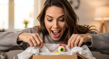 Surprise Unveiled: Woman's Joyful Reaction to Discovering a Toy Eyeball Inside a Gift Box, Capturing a Moment of Amusement and Playful Anticipation