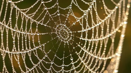 The subtle movement and vibration of the dew laden spider web as a gentle breeze passes, creating a mesmerizing, fluid visual effect. Dynamic macro shot highlighting gentle motion and the interplay? - Powered by Adobe