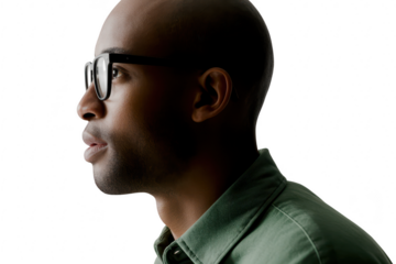 Closeup profile of a bald black man wearing glasses and a green shirt, isolated on transparent background