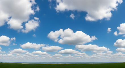 Panoramic Wide Angle View of Green Field and Cloudy Sky Landscape