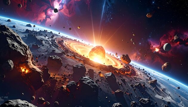 A vibrant cosmic scene with a planet in the process of being destroyed. Swirling nebulas and debris fill the scene - Powered by Adobe