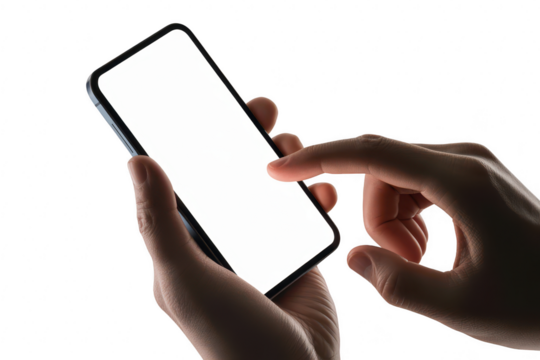 Hand holding a smartphone with a blank white screen, isolated on transparent background