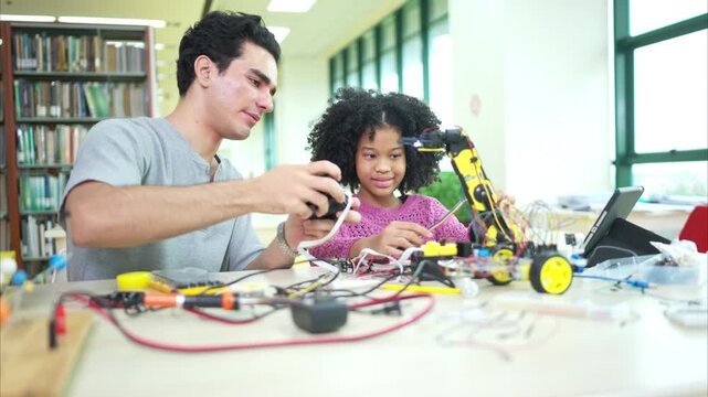 A teacher guiding students in a robotics project during a STEM class in the library