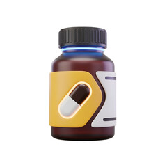 Brown pill bottle with yellow label isolated on transparent background, 3d rendering
