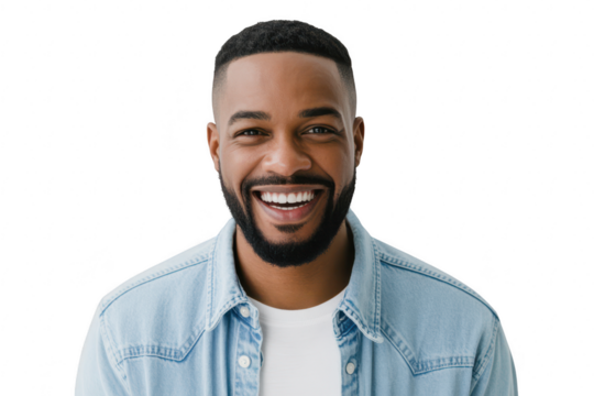 Happy man with beard and short hair smiling broadly, isolated on transparent background