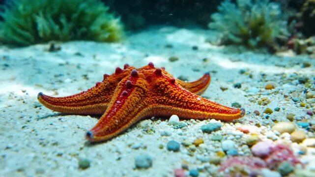 Highlighting the tranquil presence of a starfish against a soft focus backdrop of swaying sea anemones and gently drifting marine debris. medium shot