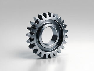 Close up of a single metallic gear with sharp teeth on a light background