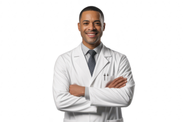Smiling male doctor in white lab coat with arms crossed isolated on transparent background