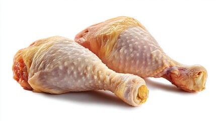 Two raw chicken drumsticks isolated on a clean white background ready to cook