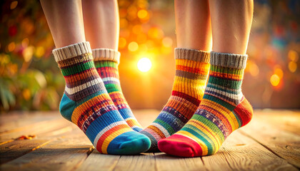 Cozy Feet on Wooden Floor: A warm, inviting shot of feet in colorful, patterned socks resting on a wooden floor, basking in the glow of the sun. Embodying comfort, warmth.