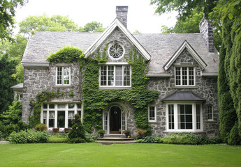 Charming stone mansion with ivy-covered walls, arched doorway, large windows, and gabled roof, surrounded by lush greenery and a well-kept lawn, exuding timeless countryside elegance