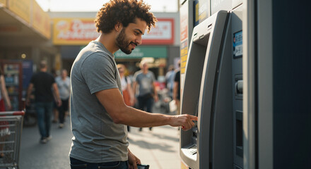 Man using ATM while smiling in a busy urban environment  