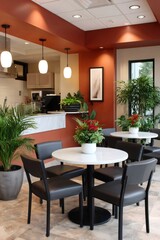 Fototapeta premium Modern cafe interior featuring dining tables and chairs