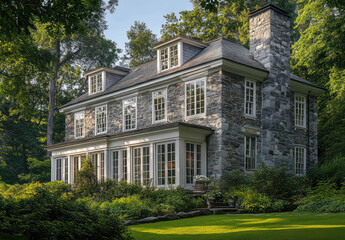 Charming stone mansion surrounded by lush greenery, classic colonial architecture with tall windows, steep roof, and serene garden landscape, elegant countryside home design