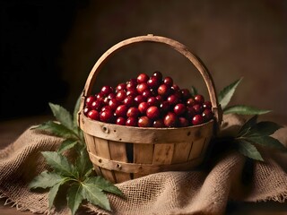 Rustic basket filled with ripe cranberries
