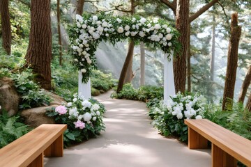 Wedding arch with white flowers in forest ceremony setting