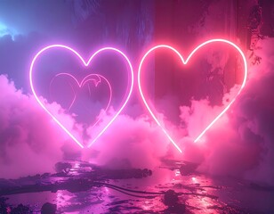 Two neon hearts glow brightly in a dreamlike setting, surrounded by swirling pink and purple clouds. Romantic, ethereal ambiance
