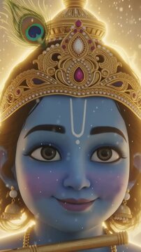 Baby Krishna smiling radiantly, surrounded by a warm golden glow, his divine innocence and charm illuminating the serene background &mdash; symbolizing purity and divine joy.