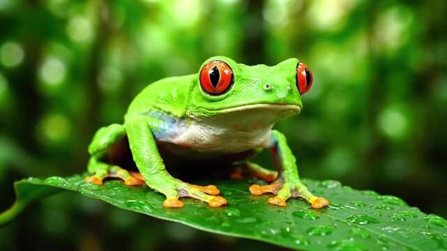 Dynamic shot of the amphibian camouflaged within dense tropical foliage, with soft, diffused light filtering through the canopy, emphasizing its wild environment.