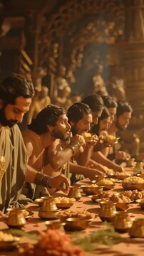 A grand banquet of warriors in an ancient royal palace, with golden chandeliers, ornate pillars, and tables filled with feasts &mdash; a celebration of victory and valor in regal splendor.