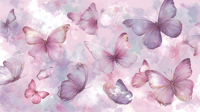 Soft watercolor butterfly pattern, thin white border, blush and lavender tones, dreamy and elegant digital art.