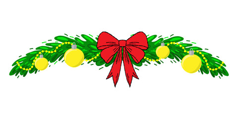 Christmas garland with pine branches, red bow, yellow baubles, and golden beads. Festive horizontal border for banners, invitations, web, holiday cards, party, and winter decor