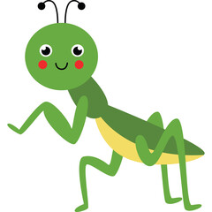 Cute Green Praying Mantis Insect Cartoon Character with Yellow Belly and Red Cheeks on a Transparent Background